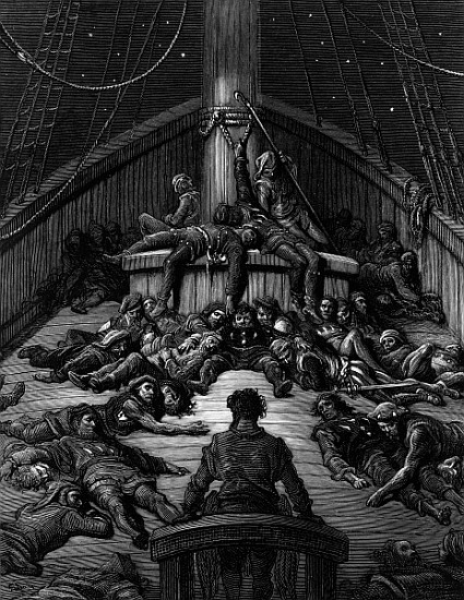 The Mariner gazes on his dead companions and laments the curse of his survival while all his fellow  od Gustave Doré