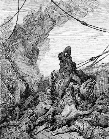 The Mariner, surrounded the dead sailors, suffers anguish of spirit, scene from ''The Rime of the An od Gustave Doré