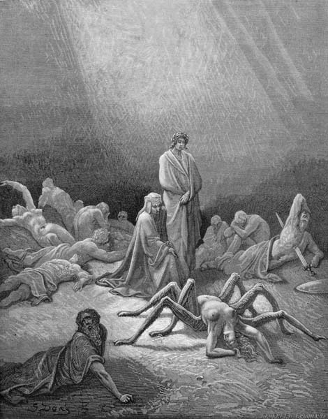 Virgil (70-19 BC) and Dante looking at the spider woman, illustration from ''The Divine Comedy'' (In od Gustave Doré