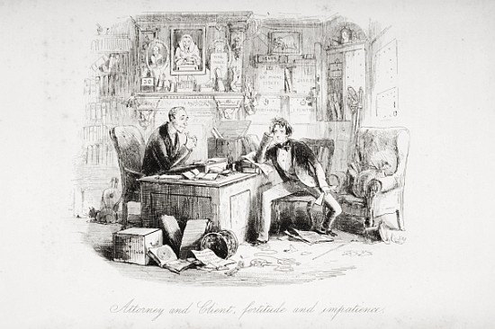 Attorney and Client, fortitude and impatience, illustration from ''Bleak House'' Charles Dickens (18 od Hablot Knight (Phiz) Browne