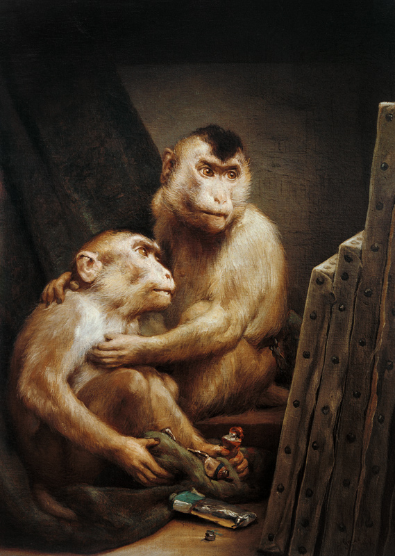Art critics - Two monkeys examine a painting od Haeckel Ernst