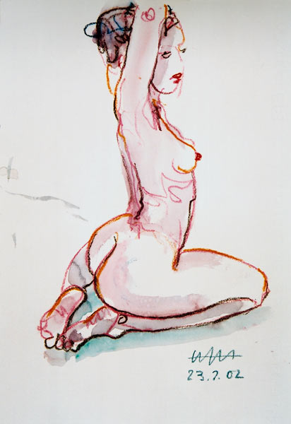 Female act, hands at the neck, sitting on the lower legs ... od Hajo Horstmann