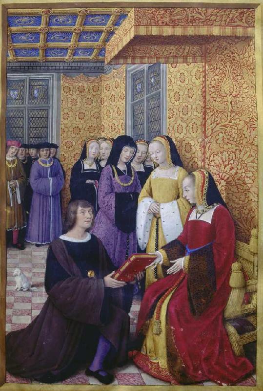 The Poet Jean Marot hands out his opus to Anne of Bretagne (Jean Bourdichon in Le voyage de gênes) od Handschrift, französisch  Tours