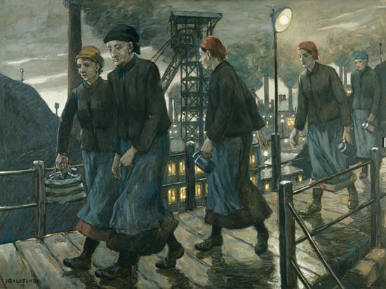 Check female workers on a suspension bridge od Hans Baluschek