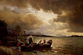 Fisherman in the boat on the Chiemsee shore od Hans Fredrik Gude