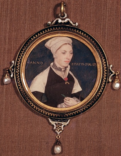 Miniature portrait of Jane Small, formerly known as Mrs. Robert Pemberton, c.1540 (w/c on vellum mou od Hans Holbein d.J.