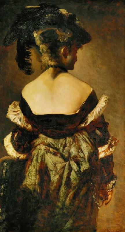 Portrait einer Dame mit einem Federhut, Rückenansicht od Hans Makart