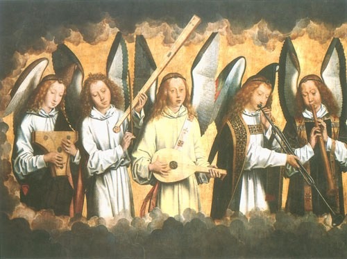 Angel playing instruments (right wing) od Hans Memling
