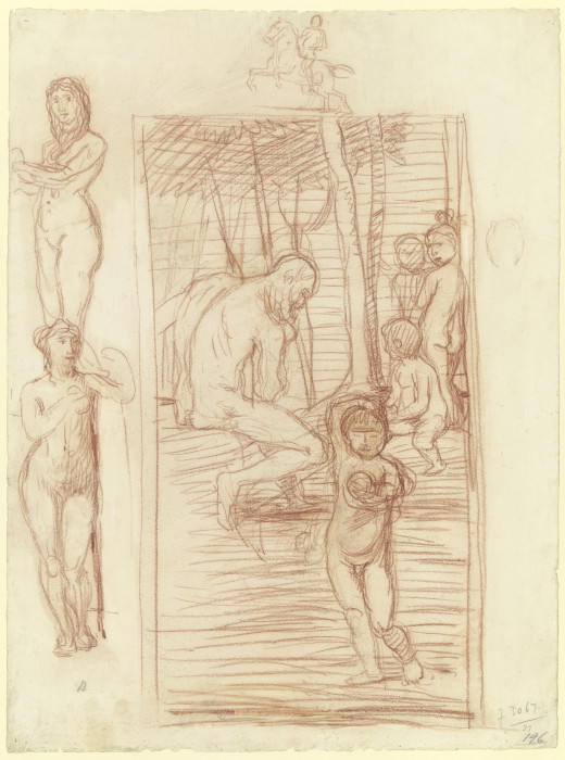 Alter Mann und Kinder, daneben weibliche Aktstudien und Skizze eines Reiters od Hans von Marées