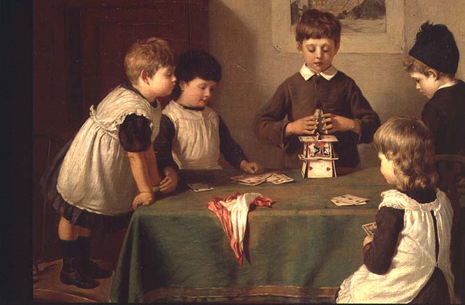 A Critical Moment, detail of children building a house of cards, 1889  od Harry Brooker