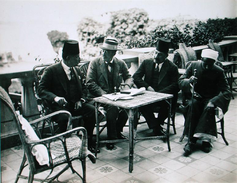 L to R: H.E. Abd El Aziz Yehieh Bey, Governor of Kena, Lord Carnarvon (1866-1923) Mohamed Fahmy Bey, od Harry Burton