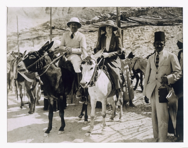 Lady Ribblesdale and Mr Stephen Vlasto arriving on donkeys at the Tomb of Tutankhamun, Valley of the od Harry Burton