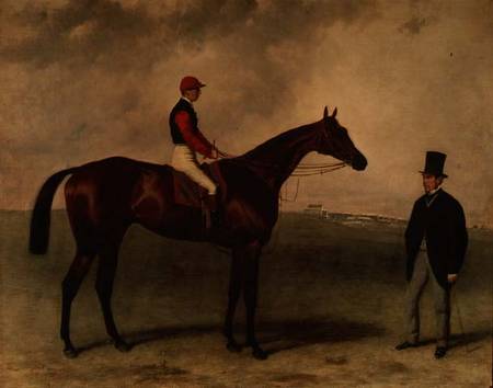 "Gladiateur" with Harry Grimshaw up and his owner, Count Frederic de Lagrange od Harry Hall