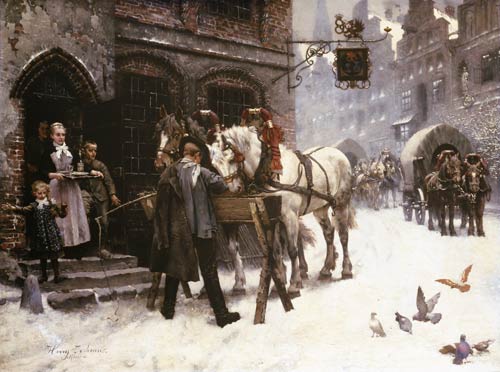 Pferdefüttern in front of an inn in winter od Harry Jochmus