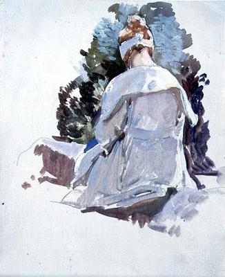 Woman in a white dress sitting upon rocks (oil on paper) od Harry Watson