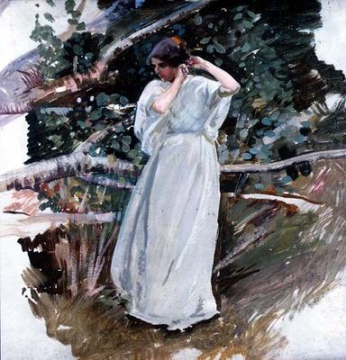 Young woman in a long white dress (panel) od Harry Watson