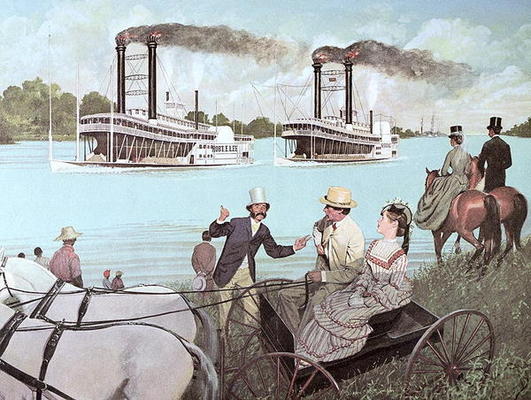 The Great Mississippi Steamboat Race, 1870 (colour litho) od H.C. McBarron