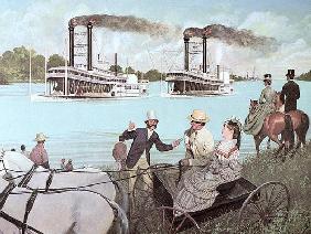 The Great Mississippi Steamboat Race, 1870 (colour litho)
