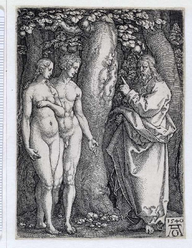 Die Geschichte von Adam und Eva: Gott warnt Adam und Eva od Heinrich Aldegrever
