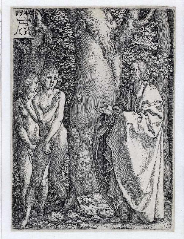Die Geschichte von Adam und Eva: Adam und Eva bedecken ihre Scham od Heinrich Aldegrever