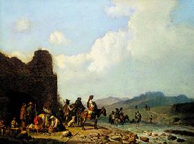 Campagna landscape with pulling country people in front of a ruin