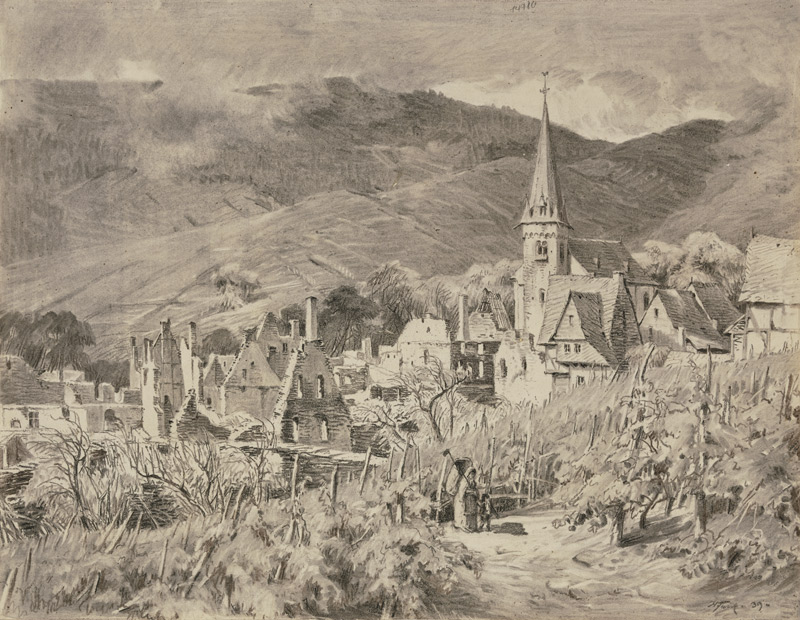 Ansicht eines ruinösen Dorfes, umgeben von Weinbergen od Heinrich Funk