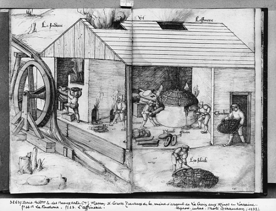Silver mine of La Croix-aux-Mines, Lorraine, fol.22v and fol.23r, foundry and refining, c.1530 od Heinrich Gross or Groff