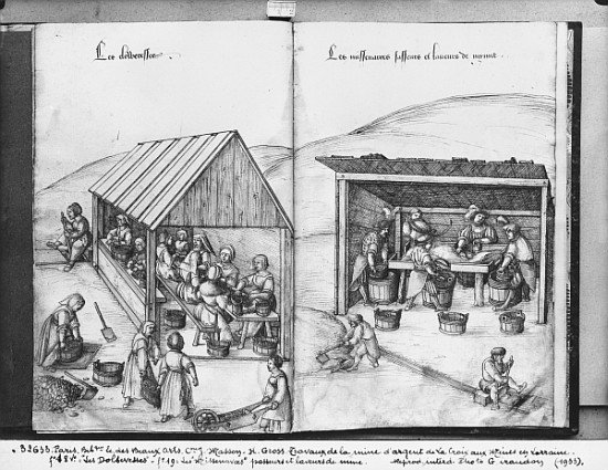 Silver mine of La Croix-aux-Mines, Lorraine, fol.18v and fol.19, sorting out and washing the ore, c. od Heinrich Gross or Groff