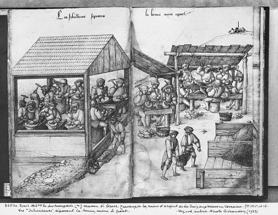Silver mine of La Croix-aux-Mines, Lorraine, fol.15v and fol.16r, miners sorting the ore out, c.1530 od Heinrich Gross or Groff