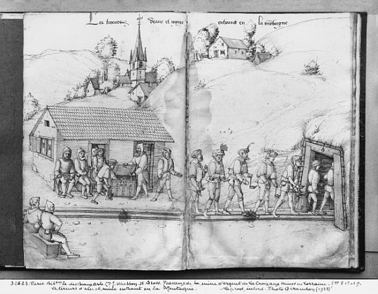 Silver mine of La Croix-aux-Mines, Lorraine, fol.8v and fol.9r, miners entering the mine, c.1530 od Heinrich Gross or Groff