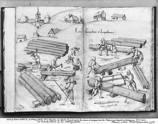 Silver mine of La Croix-aux-Mines, Lorraine, fol.2v and fol.3r, carpenters and carpentry, c.1530 od Heinrich Gross or Groff