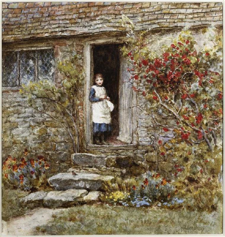 Mädchen in der Tür eines Bauernhauses. od Helen Allingham