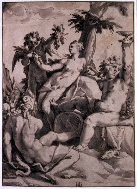 Ceres, Venus and Bacchus  & ink and grey wash on od Hendrick Goltzius