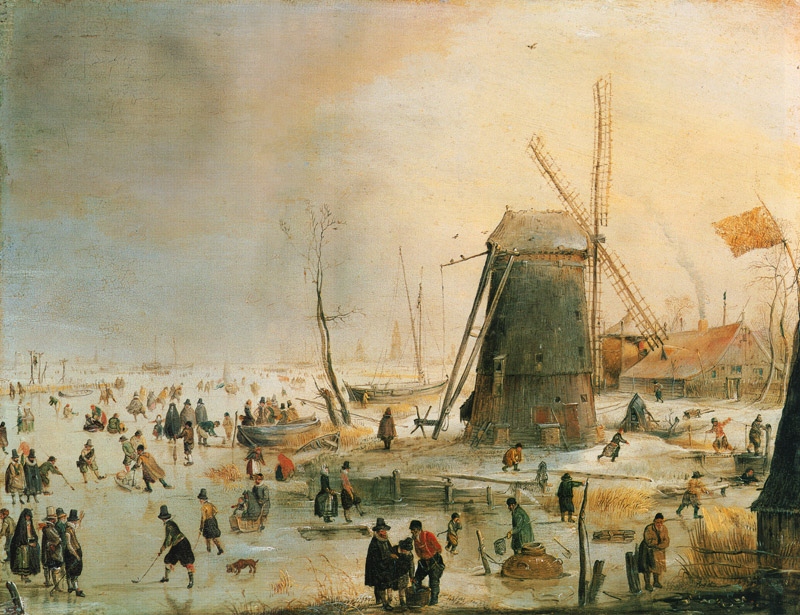 Winter landscape with skate drivers for a windmill od Hendrik Averkamp