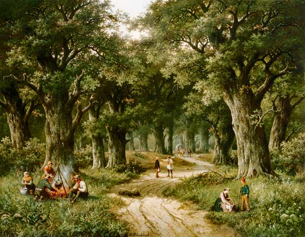 Country people at a fire place on the edge of a woodland path. od Hendrik Barend Koekkoek