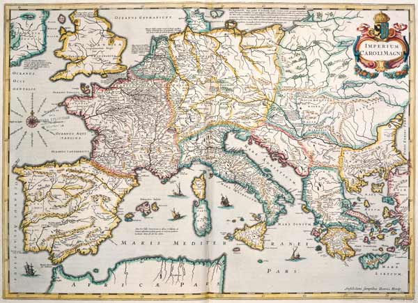 The Empire of Charlemagne (742-814) from 'Le Nouveau Theatre du Monde', 1639 (coloured engraving) od Hendrik I Hondius