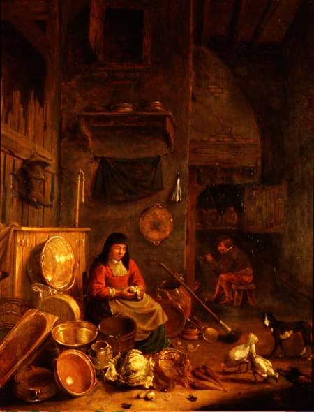 A Kitchen Interior with a Woman Peeling Potatoes beside a Dog, a Man Smoking in front of a Fire beyo od Hendrik Martensz. Sorgh