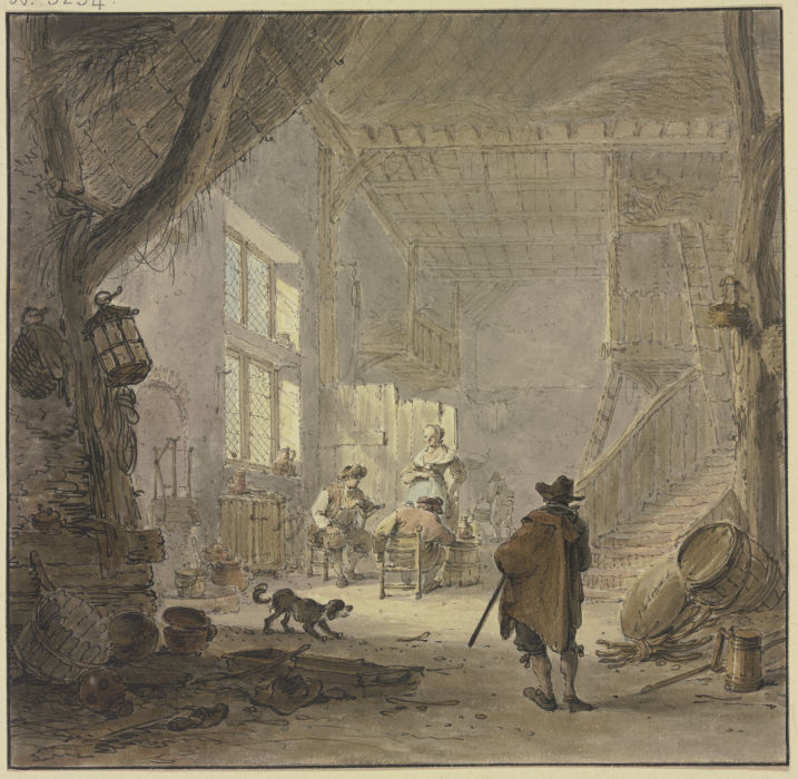 Das Innere eines Hauses, am Fenster zwei Männer und eine Frau, im Vordergrund ein Mann von hinten od Hendrik Meyer
