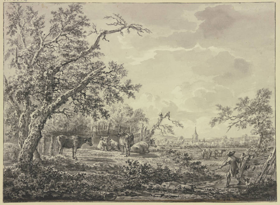 Am Waldesrand bei einem Zaun Vieh und ein Hirte od Hendrik Schepper