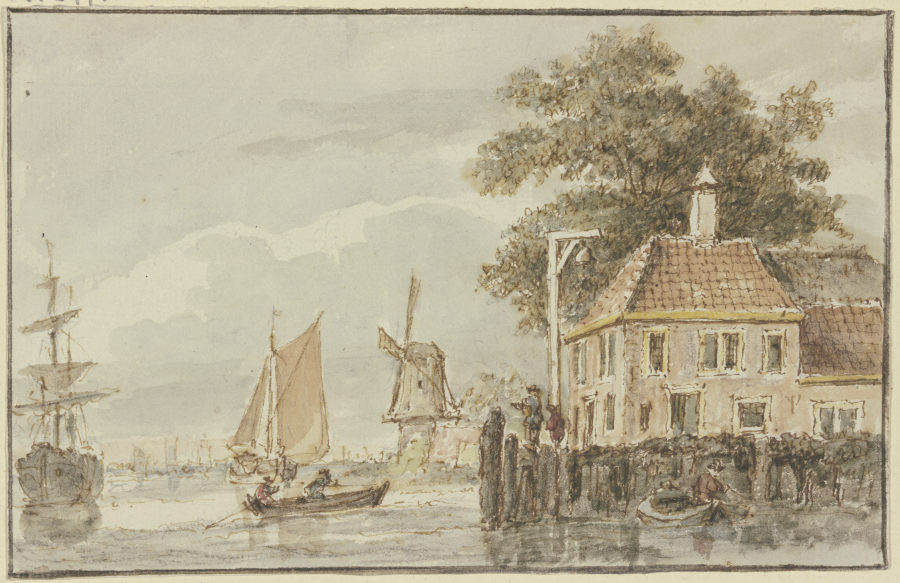Haus am Wasser und Windmühle, dabei mehrere Schiffe od Hendrik Spilman