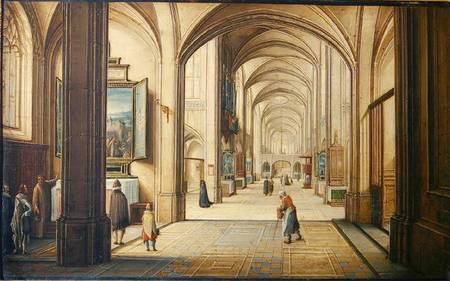 Church interior with a sacristan showing a painting to visitors od Hendrik van Steenwyk