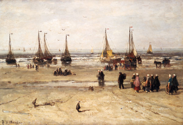 Sea beach with fishing boats and fisherman people od Hendrik Willem Mesdag