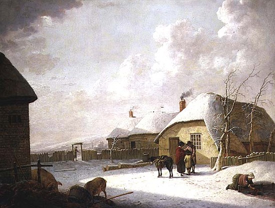 Figures Outside a Cottage in the Snow od Hendrik Willem Schweickardt