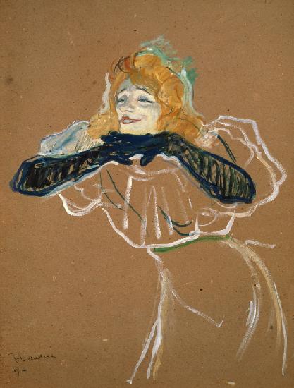 Die Chanteuse Yvette Guilbert singt Linger Longer Loo. 1894