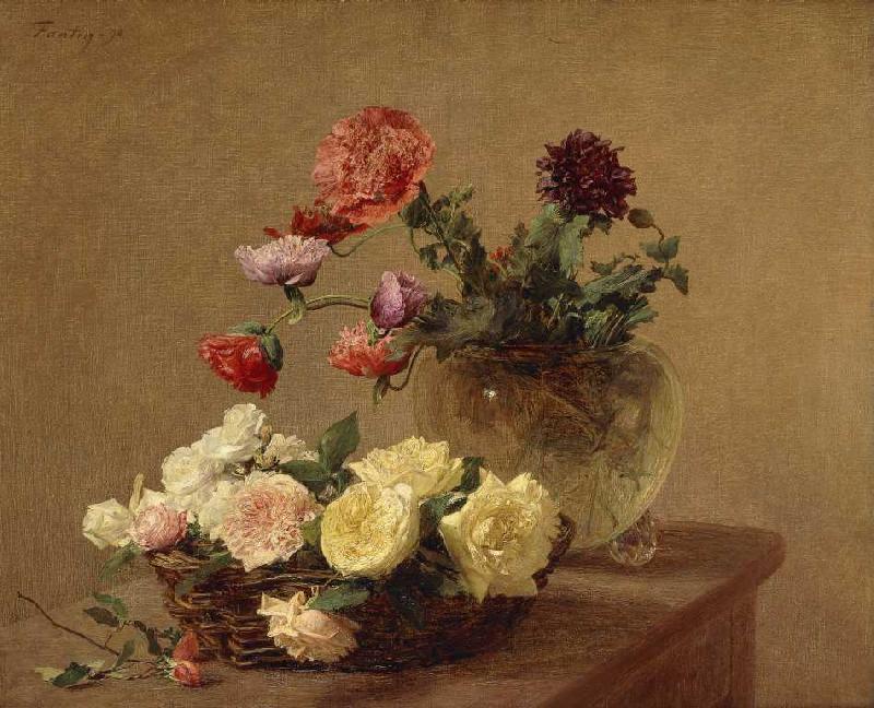 Flowers into glass vase and basket with roses od Henri Fantin-Latour