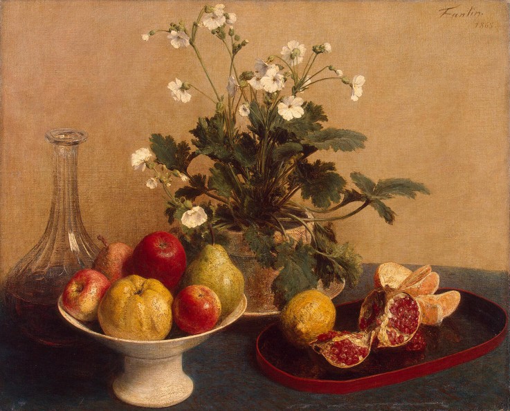 Flowers, Dish with Fruit and Carafe od Henri Fantin-Latour