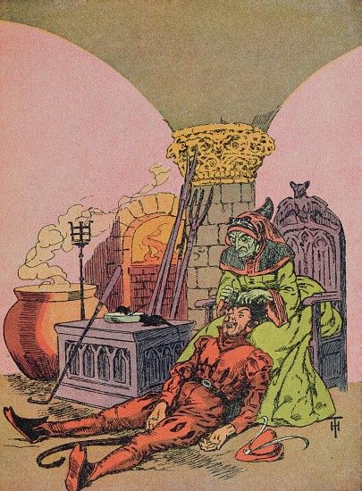The devils mother pulling the golden hairs from her sons head,illustration for the Grimm fairy tale  od Henri Thiriet