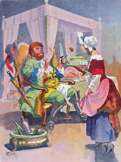 The Ogre smells fresh human flesh, illustration for a Perrault fairy tale Tom Thumb (Le Petit Poucet od Henri Thiriet