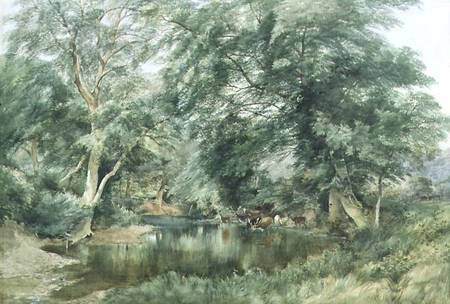 Landscape with Deer Drinking from a River od Henry Jutsum