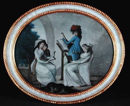 A reverse glass painting showing lady musicians od Henry W. Banbury